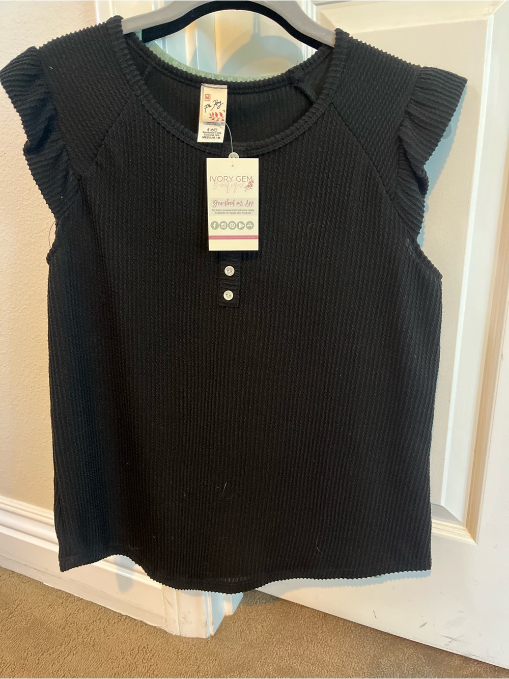 7th Ray Black Ribbed Henley Tank with Ruffle Cap Sleeves